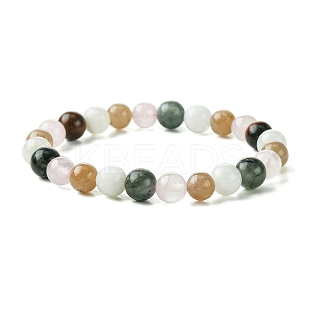 Natural Rose Quartz & Rainbow Moonstone & Sunstone & African Bloodstone Round Beaded Stretch Bracelets BJEW-JB10910-03-1
