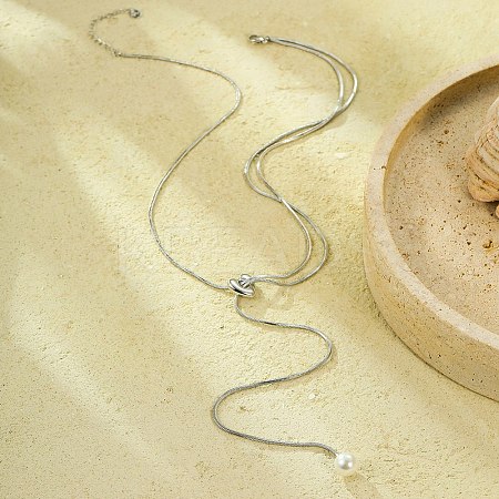 304 Stainless Steel Round Shell Pearl Pendant Lariat Necklaces for Women NJEW-U031-03P-1
