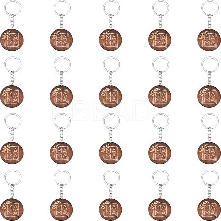 Engraved Wooden Flat Round Pendant Keychains FIND-WH0150-17-1