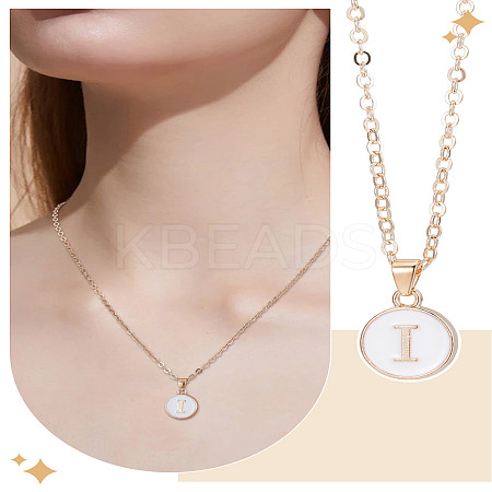 1Pc Zinc Alloy White Enamel Round with Letter Pendant Necklaces NJEW-LP0002-88G-I-1