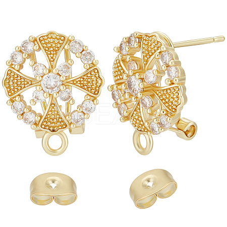 4 Pairs Brass Micro Pave Cubic Zirconia Flower Stud Earring Findings KK-BBC0008-01-1