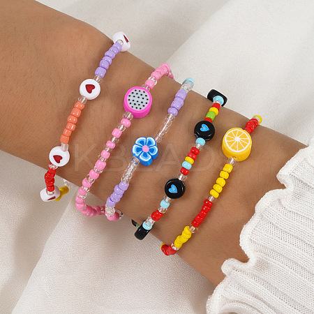 Candy-colored Heart Fruit Clay Beads Elastic Bracelet Set for Women and Kids (5 Pieces) ST1552540-1