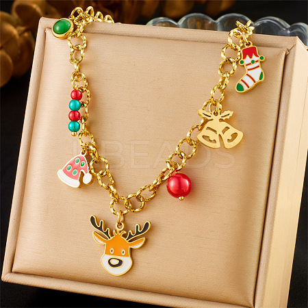 304 Stainless Steel Enamel & Plastic & Resin Deer Christmas Socking Bell Pendant Necklaces for Women LS-NJEW-Z092-02G-1