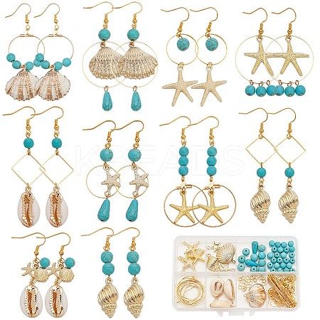 Ocean Theme Synthetic Turquoise & Natural Shell Dangle Earrings DIY Making Kit DIY-SC0025-79-1