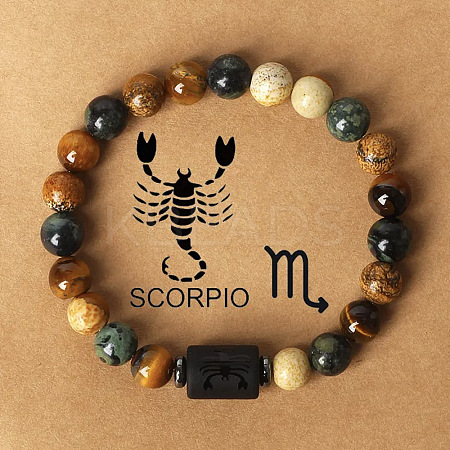 12 Constellations Natural Tiger Eye & Picture Jasper Round Beaded Stretch Bracelets for Men Women WG21EC3-12-1
