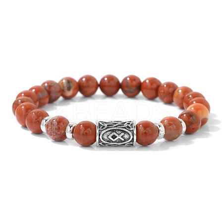 Alloy Nordic Viking Runes 8MM Natural Red Jasper Round Beaded Stretch Bracelets KW3210-22-1
