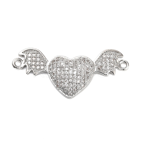 Brass Micro Pave Clear Cubic Zirconia Heart with Bat Wings Connector Charms KK-L229-053P-1