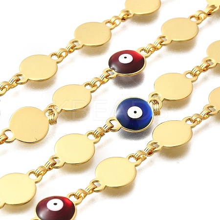 Flat Round with Evil Eye Brass Chains KK-D339-16G-1