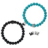 2Pcs Matching Natural Black Matte Stone & Synthetic TurquoiseRound Beads Stretch Bracelets PT6851-2-1