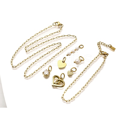 Cubic Zirconia & Shell Pearl Heart Round Pendant & Necklaces & Bracelets Sets SJEW-Q002-02G-1