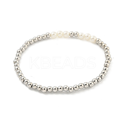 Brass & ABS Plastic Imitation Pearl Round Beaded Stretch Bracelets for Women BJEW-G704-02P-1