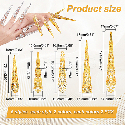 20Pcs 10 Style Hollow out Iron Finger Nail Tip Claw Rings AJEW-PH0004-10-1