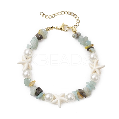 Starfish Synthetic Turquoise & Natural Flower Amazonite Chip Beaded Bracelets for Women BJEW-JB11264-04-1