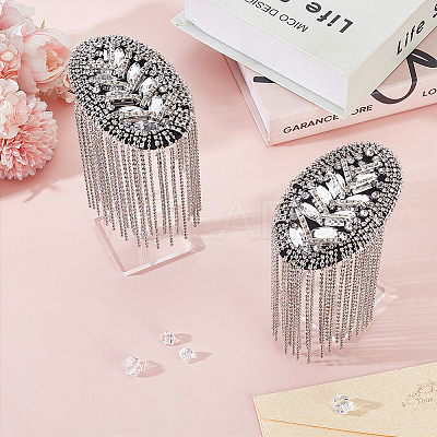 2Pcs Punk Style Oval Iron & Crystal Rhinestone & Felt Tassel Epaulettes AJEW-ME0001-51-1