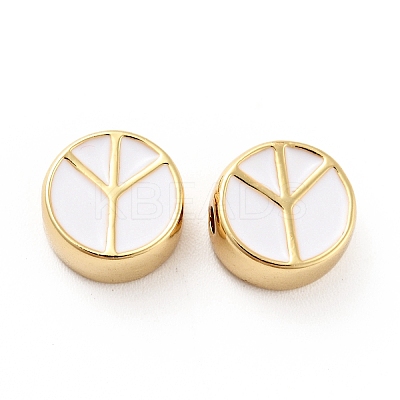 Flat Round with Peace Sign Brass Enamel Beads KK-G419-05G-04-1