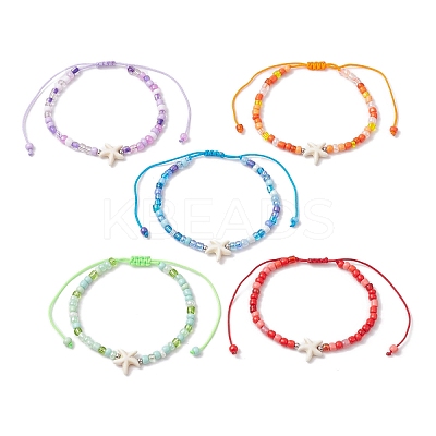 5Pcs 5 Colors Adjustable Glass Seed Beaded Anklets AJEW-AN00636-1