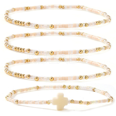 4Pcs Vintage Cylinder Seed Beads & Brass Beaded Bracelet Sets VC6317-2-1