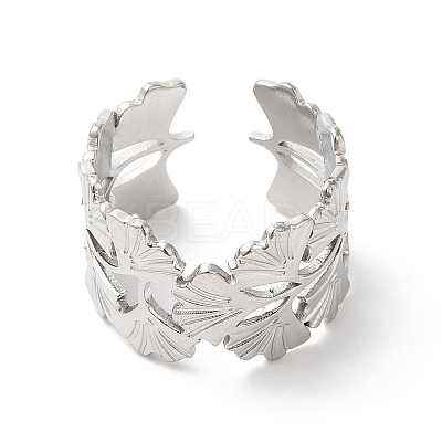 Non-Tarnish 304 Stainless Steel Gingko Leaf Open Cuff Ring for Women RJEW-K245-42P-1