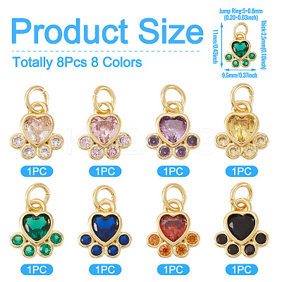 8Pcs 8 Colors Brass Pave Cubic Zirconia Paw Print Charms KK-TA0003-21-1
