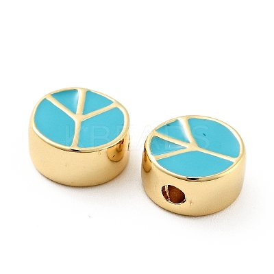 Flat Round with Peace Sign Brass Enamel Beads KK-G419-05G-06-1