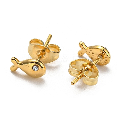 PVD Vacuum Plating 304 Stainless Steel Fish Stud Earrings with Rhinestone for Women STAS-D087-11G-1