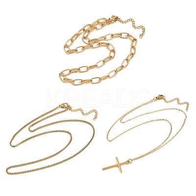 304 Stainless Steel Cross Pendant 3 Layer Necklaces for Women NJEW-F343-02G-1