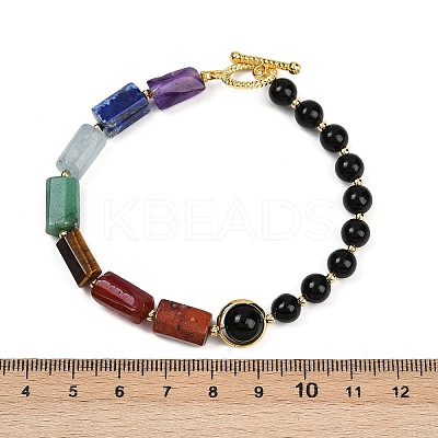 Natural Obsidian & Natural Mixed Stone & Brass Round & Prism Beaded Bracelets for Women BJEW-G752-01G-05-1