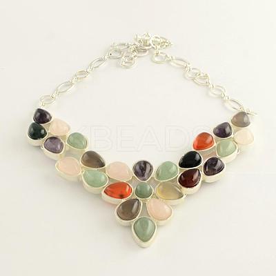 Gemstone Bib Statement Necklaces with Alloy Cabochon Settings and Silver Color Plated Brass Chains  NJEW-R224-07B-B-1