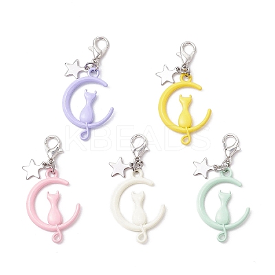 Spray Painted Alloy Moon with Cat Pendant Decoration HJEW-JM03198-1