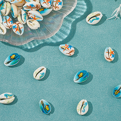 80Pcs Printed Natural Cowrie Shell Beads BSHE-LT0001-02-1