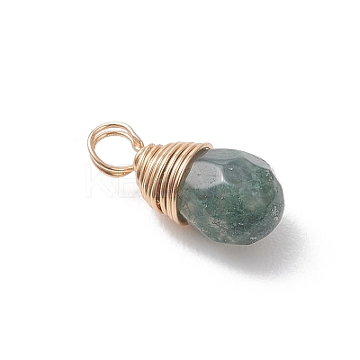 Copper Wire Wrapped Natural Indian Agate Faceted Teardrop Charms PALLOY-JF04948-1