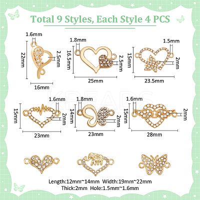 36Pcs 9 Styles Alloy Rhinestone Links/Connectors FIND-UN0016-38-1