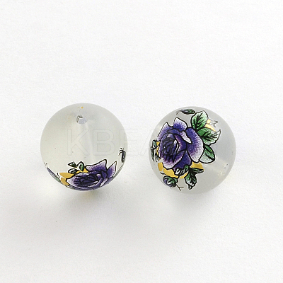 Flower Picture Frosted Transparent Glass Round Beads GFB-R004-14mm-H07-1