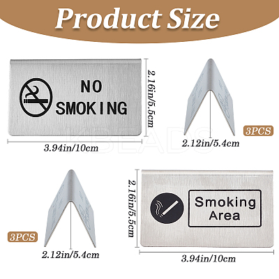 6Pcs 2 Styles 201 Stainless Steel NO SMOKING & SMOKING AREA Signs AJEW-CP0003-90-1
