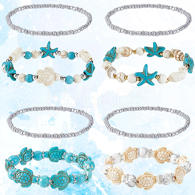 8Pcs Turtle & Starfish Synthetic Turquoise Beaded Stretch Bracelet BJEW-SC0001-46-1