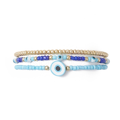 3Pcs 3 Style Evil Eye Polymer Clay & Glass Seed Beaded Stretch Bracelets Set for Women BJEW-JB09228-1