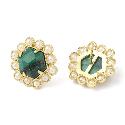 Ion Plating(IP) Natural Malachite Hexagon Stud Earrings with Plastic Pearl Beaded EJEW-E287-01G-01-1