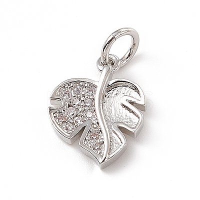 Brass Micro Pave Clear Cubic Zirconia Leaf Charms ZIRC-F132-48P-1