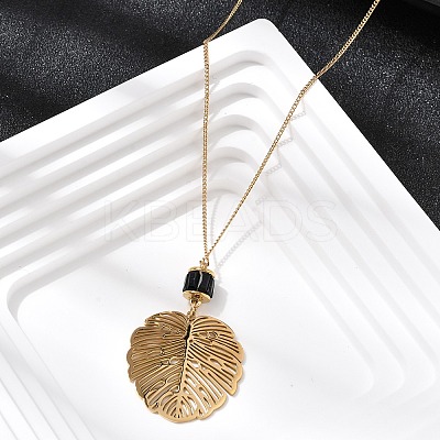 304 Stainless Steel with Disc Glass Leaf Pendant Necklaces NJEW-G184-02G-1