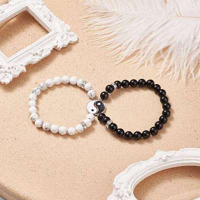 2Pcs 2 Style Natural Dyed & Heated Black Agate & Howlite Beaded Stretch Bracelets Set BJEW-TA00163-1