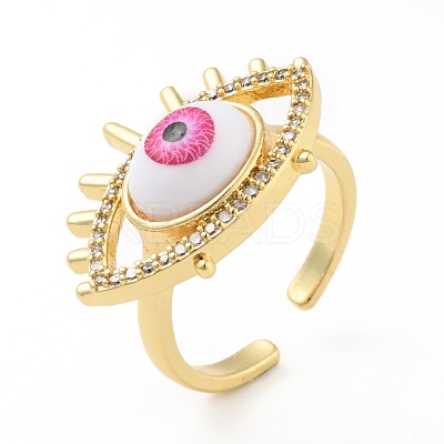 Cubic Zirconia Sun with Evil Eye Open Cuff Ring with Enamel RJEW-B042-08G-1