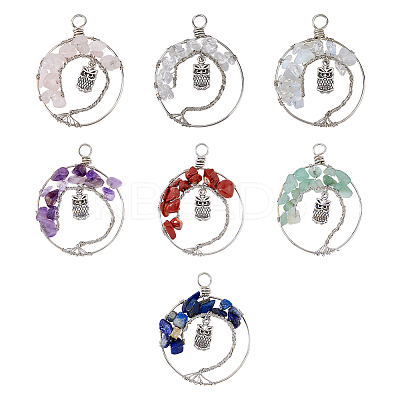 7Pcs 7 Styles Owl Alloy Chip Beads Copper Wire Wrapped Pendant Sets FIND-FH0006-75-1