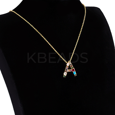 Golden Brass Micro Pave Cubic Zirconia Initial Pendants Necklaces NJEW-S069-JN002-A-1