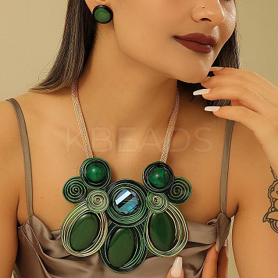 Aluminum Wire Wrapped Resin Beaded Oval Pendant Necklaces & Flat Round Stud Earrings Sets WG92AA6-07-1