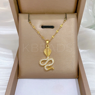 Brass Pave Full Cubic Zirconia Snake Pendant Necklaces NJEW-D309-02G-A-1