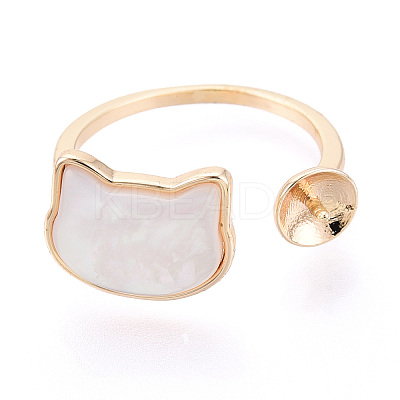 Cat Shape Brass Shell Cuff Ring Settings KK-T076-65G-1