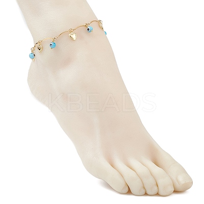 3Pcs 3 Styles Handmade Evil Eye Lampwork & Stainless Steel Moon Heart Leaf Tassel 304 Stainless Steel Curved Bar Link Chain Anklets for Women AJEW-AN00742-1