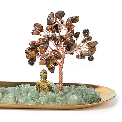 Natural Tiger Eye Money Tree Buddha Sculpture Set Incense Burner & Natural Green Aventurine on Trays for Wealth DJEW-G027-19RG-05-1