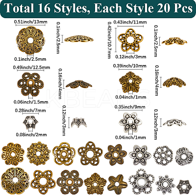320Pcs 16 Styles Tibetan Style Bead Caps TIBE-SC0002-15-1