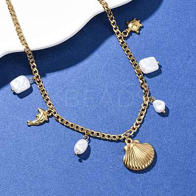 304 Stainless Steel Shell Shape Dolphin Turtle Pendant Necklaces for Women NJEW-F346-06G-1